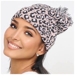 Blush leopard print Pom beanies